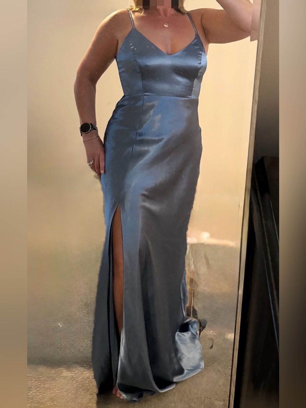 Birdy Grey Slate Blue Satin maxi Slip Dress with Side Slit